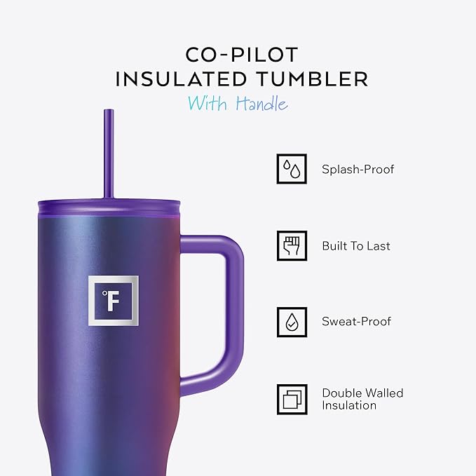 IRON °FLASK Co-Pilot Insulated Mug w/Straw & Flip Cap Lids - Cup Holder Bottle for Hot, Cold Drink - Leak-Proof- Water, Coffee Portable Travel Tumbler - Black Speckle, 40 Oz
