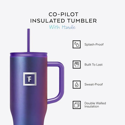 IRON °FLASK Co-Pilot Insulated Mug w/Straw & Flip Cap Lids - Cup Holder Bottle for Hot, Cold Drink - Leak-Proof- Water, Coffee Portable Travel Tumbler - Fire Red, 40 Oz