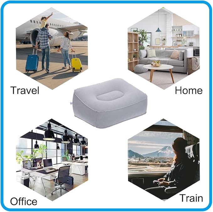 Travel Foot Rest Pillow, Soft Flocking Pillow, Flights Relax Cushion Ottomans Leg Up with Air Pump for Office, Home Relax, Camping and Travel Use (Gray)