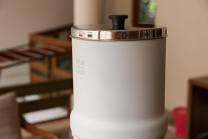 AquaEasy NSF/ANSI 372 Certified Stainless Steel Gravity Water Filter System (2.25 Gallon) 2X Activated Carbon Filter, Stainless Steel Tap and Wooden Stand | Countertop Water Filtration System (White)