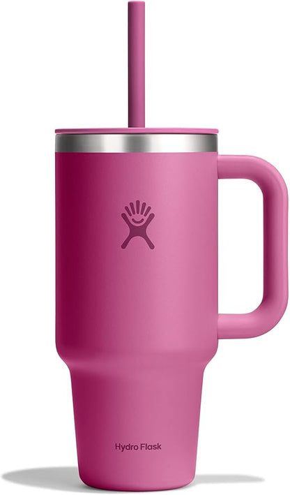 Hydro Flask Travel Tumbler with Handle, Lid and Straw - Insulated Stainless Steel in 32 Oz Reef Pink