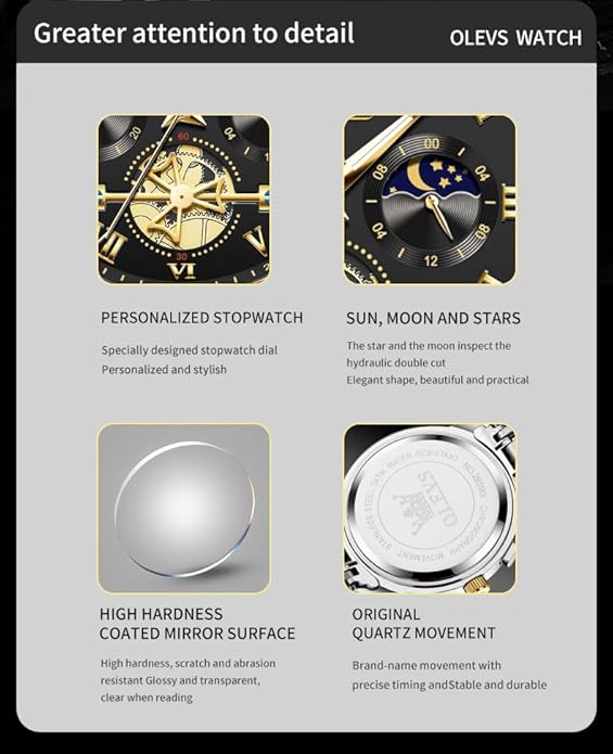 OLEVS Watches Men Waterproof Luxury Big Face Mens Watch Stainless Steel Quartz Analog Dress Watches for Men Luminous Multifunction Man Watch Relojes De Hombre