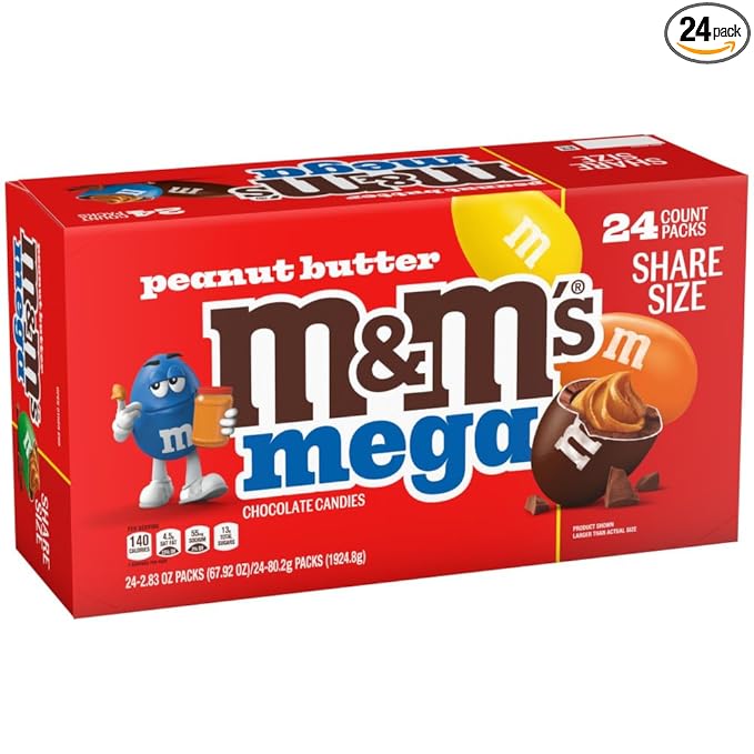M&M'S Peanut Butter Chocolate Candy, Full Size 2.83 oz Bag, Pack of 24 Bulk Candy Chocolate