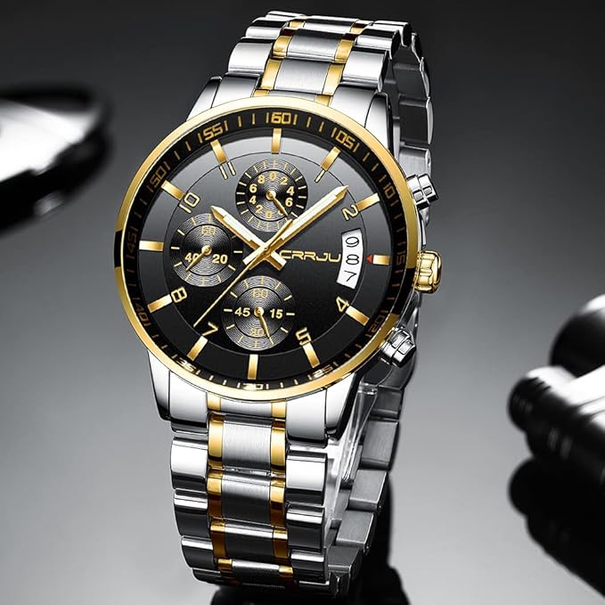 CRRJU Men's Fashion Stainless Steel Watches Date Waterproof Chronograph Wristwatches,Black Steel Band Waterproof Quartz Watch for Men