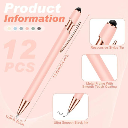 Tenare 12 Pieces 2 in 1 Stylus Metal Ballpoint Pen with Stylus Tip, 1.0 mm Black Ink Ballpoint Pen for Touch Screens(Morandi Color)
