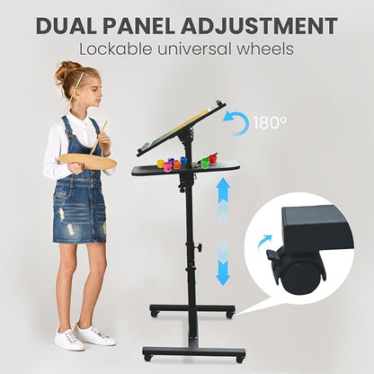 Aconcept Dual Tilt-Swivel Desktop Overbed Bed-Side Table, Adjustable Height Laptop Standing Desk with Wheels, Folding Mobile TV Dinner Tray Table, Black