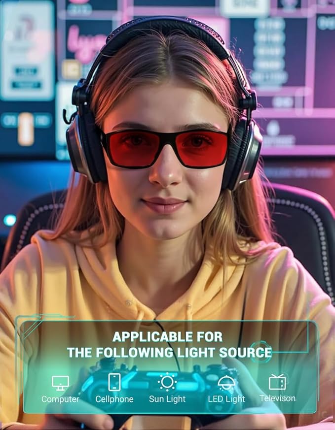 TIJN Sonia Sleep Glasses for Blue & Green Light Blocking,Red Lens with Dual AR Coating,Wraparound Frame for Gaming Screen