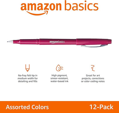 Amazon Basics Felt Tip Marker Pens, Versatile for Writing, Drawing, and Journaling, Assorted Colors, 12-Pack