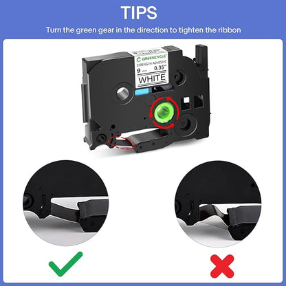 GREENCYCLE Extra Strength Adhesive Black on White Label Tape Compatible for TZE-S211 TZS211 AZES211 1/4" 6mm for PT-E550W PT2430PC 1890C PT-D210 PTP300BT PT-1010 PTH100 PTH110 D200-1 Pack