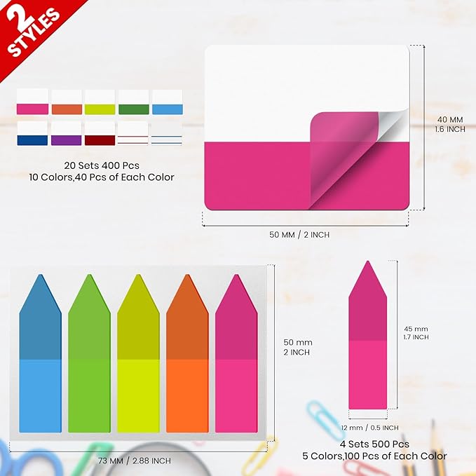 900pcs Sticky Index Tabs 2 Inch Book Tabs Writable Colored Page Markers, Repositionable File Tab Flags Labels for Reading Notes,Classify Files,Binders,24 Sets 10 Colors