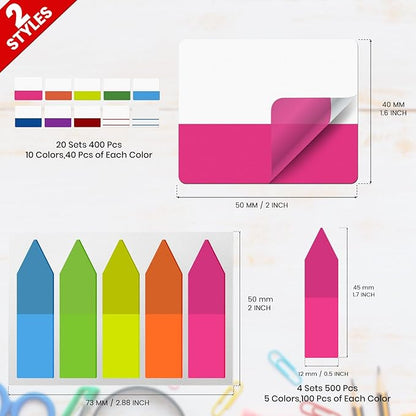 900pcs Sticky Index Tabs 2 Inch Book Tabs Writable Colored Page Markers, Repositionable File Tab Flags Labels for Reading Notes,Classify Files,Binders,24 Sets 10 Colors