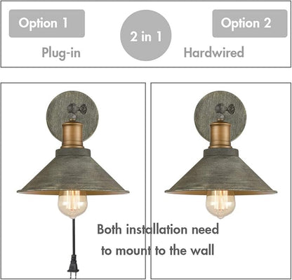 Vintage Farmhouse Wall Sconces Hardwired or Plug-in Bedroom Bath Wall Lamps Set of 2 with on/Off Switch