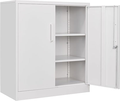 White Metal Storage Cabinet with Doors and Shelves,36 inch Small Metal Cabinet with Lock,Short Garage Storage Cabinets,Locking Steel Cupboard for Home,Office,Kitchen,Garages