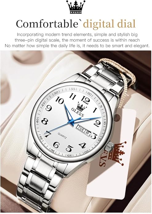 OLEVS Mens Watch Stainless Steel Analog Quartz Watches for Men Day Date Easy Read Diamond Waterproof Dress Luxury Classic Casual Big Face Blue/Black/Gold/Silver Roman Arabic Numerals Men's Wrist Watch