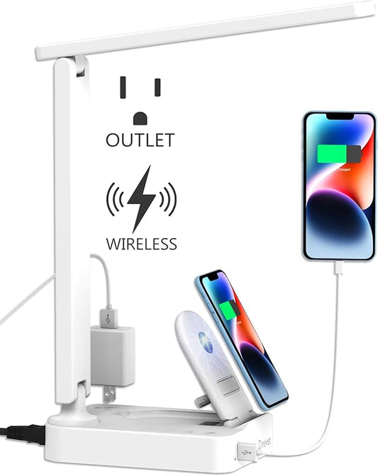 Drevet LED Desk Lamp with Wireless Charger, Desk Table Light with USB Charging Port and 2 Outlets, 3 Lighting Modes, 3 Level Brightness, 1H Timer, Touch Control, Eye-Caring Home Office Lamp, White