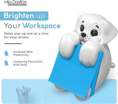 Resin Made Cute Sticky Note Holder for Desk | Happy Dog Face Pop Up Post it Note Dispenser with Blue Sticky Notes | Pop Up Sticky Notes Dispenser for Office Holds 3" x 3" Notes for School