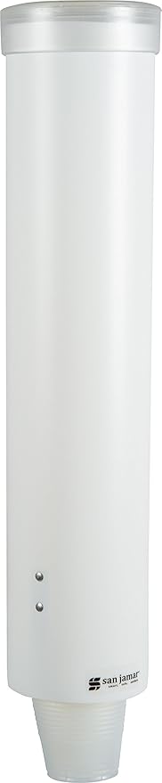 San Jamar Medium Pull-Type Cup Dispenser 4-10 Oz. Cups with Flip Cap for Restaurants, Dining Halls, and Fast Food Plastic, 16 Inches, White