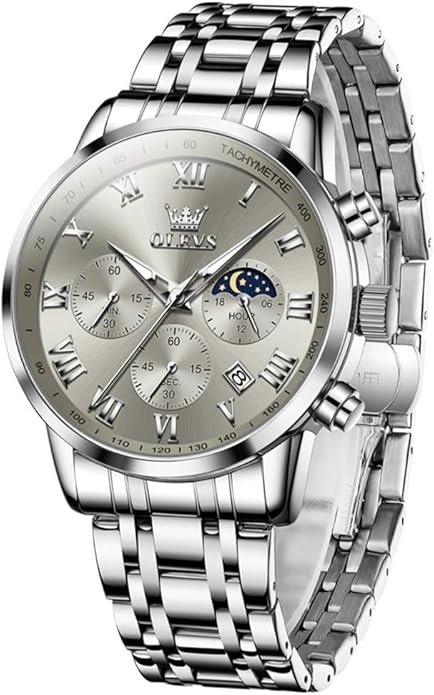 OLEVS Mens Stainless Steel Chronograph Watch, Big Face Roman Numerals Date Analog Quartz Dress Watches for Men, Fashion Multifunctional Waterproof Luminous Hands Men's Wristwatch