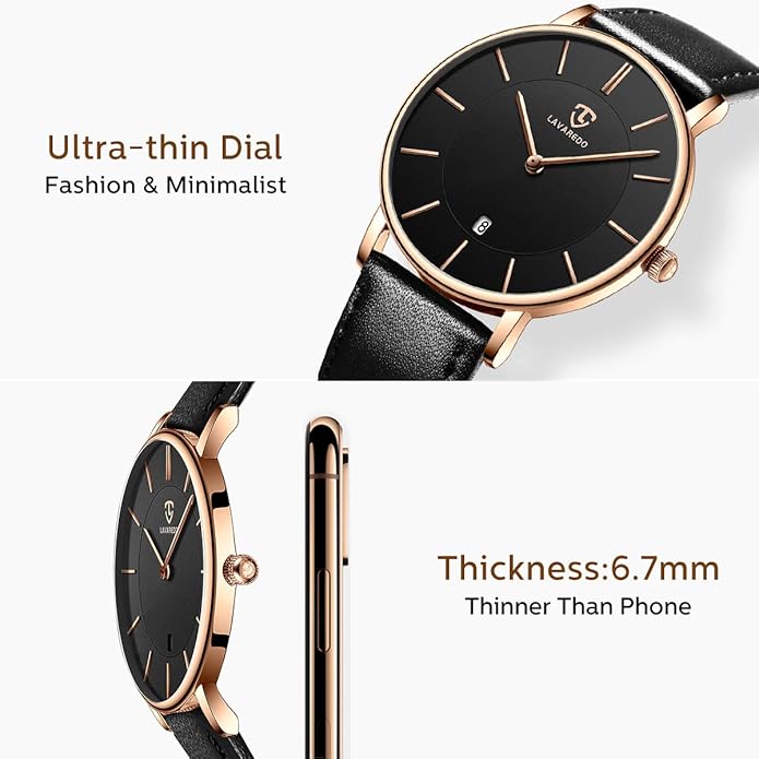 L LAVAREDO Watch for Men, Extremely Thin Mens Watches Minimalist Analog Men's Leather Wrist Watches with Time/Date, Birthday Gift for Men Boyfriend