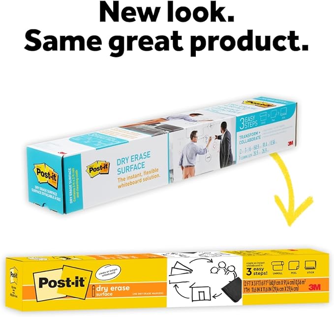 Post-it Dry Erase Whiteboard Film Surface for Walls, Doors, Tables, Chalkboards, Whiteboards, and More, Removable, Stain-Proof, Easy Installation, 3 ft x 2 ft Roll (DEF3x2)