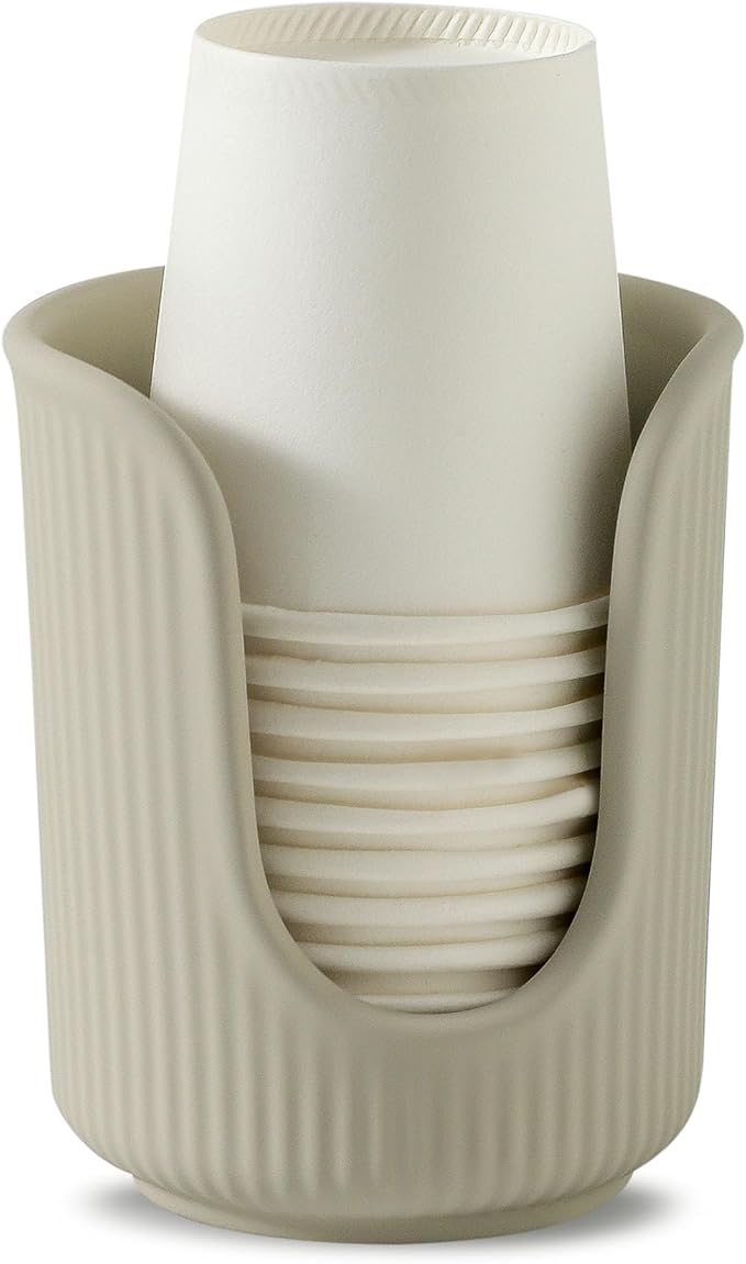 Ceramic Bathroom Cup Dispenser with Stylish Vertical Stripes - Disposable Mouthwash Cup Holder Holds 3-4oz Paper Cups for Rinsing Cups on Bathroom Vanity Countertops (Matte Beige)