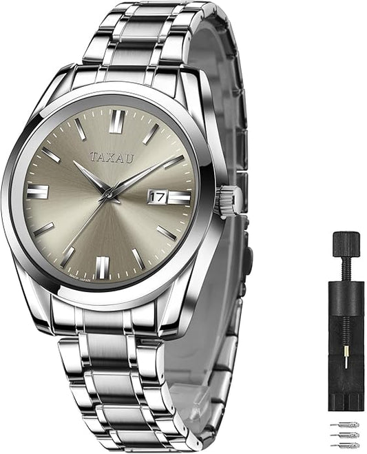 Mens Silver Watch Luxury Minimalist Dress Watch Classic Waterproof Watches for Men Analog Quartz Stainless Steel Men's Wrist Watches with Date Luminous Relojes para Hombres