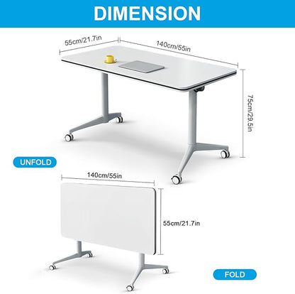 Folding Conference Table, Conference Room Tables Foldable Large Meeting Seminar Table on Wheels,Flip Top Boardroom Training Tables for Office, Classroom,Meeting (6, White, 55.1in)