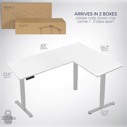 VIVO Electric Corner 63 x 55 inch L-Shaped Standing Desk, Memory Height Adjustment, White Top Gray Frame, DESK-E3CTGW