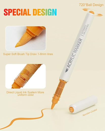 18 Colors Acrylic Paint Markers Brush Tip, Water-Based Paint Pens with Automatic Ink Control for Arts & Crafts, School, Classroom, Works on Paper, Metal, Wood, Ceramic, Glass, Rock, Canvas