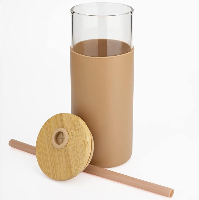Tronco 20 oz Glass Tumbler with Lid and Straw, Iced Coffee Cup and Smoothie Cup with Bamboo Lids & Protective Silicone Sleeve, Dishwasher Safe, BPA-Free, Glass Cup 2 Pack