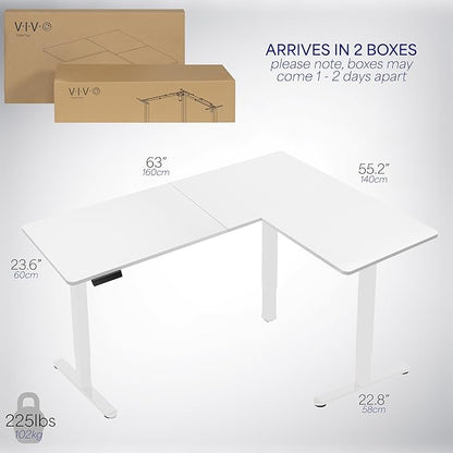 VIVO Electric Corner 63 x 55 inch L-Shaped Standing Desk, Memory Height Adjustment, White Top White Frame, DESK-E3CTW