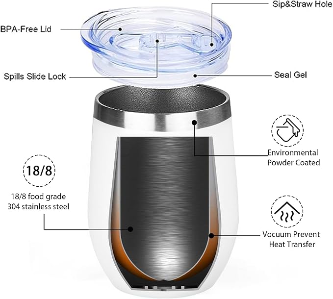 MEZMUT 12 Oz Insulated Wine Tumbler with Lid Double Wall Vacuum Stainless Steel Wine Glass Coffee Mug Insulated Tumbler Cup for Champaign, Cocktail, Beer (White, 1 Pack)