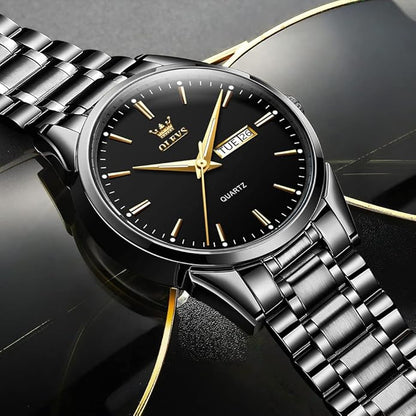 Men's Casual Stainless Steel Watch, Big Face Easy to Read Analog Quartz Watch with Day and Date, Classic Waterproof Diamond Roman Arabic Numerals Dial Dress Watch for Men, Gold Silver Black Band