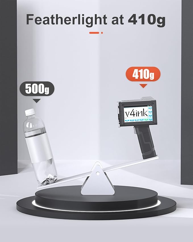 v4ink BT-HH6205B Handheld Inkjet Printer, 16H Endurance, 0.5in Print Height, Print Number Text Barcode QR-Code Logo Image on Clothes Carton Plastic Tube Glass Metal, Any Flat or Curved Surfaces