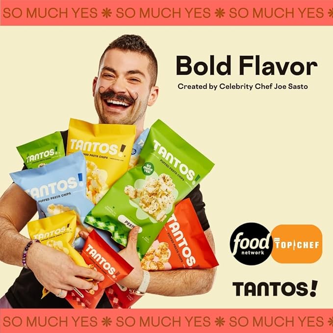Tantos! Puffed Pasta Chips, Healthy Pasta Snack by Top Chef Joe Sasto, As Seen on Shark Tank, Plant Based, Low Calorie, Crunchy Chips, Variety Pack, Marinara, Pesto, Cacio e Pepe, Classico, Gourmet Bold Flavors, 1 oz 6 Pack of Marinara