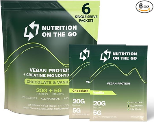 Vegan Protein Powder Packets with Creatine – 20g Plant Proteins + 5g Creatine – Single-Serve Travel Protein Powder – All-Natural, Gluten-Free – Variety Pack (Vanilla & Chocolate) – 6-Pack