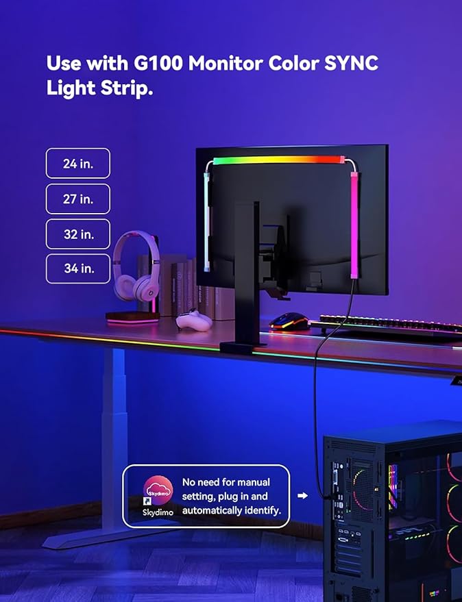 RGB Backlight for PC & Mac, LED Strip Light Sync with Screen Color or Music, Stick to The Edge of Your Desk, LEDs for Desk Gaming, USB Port, Software Control, 6.57ft / 2m