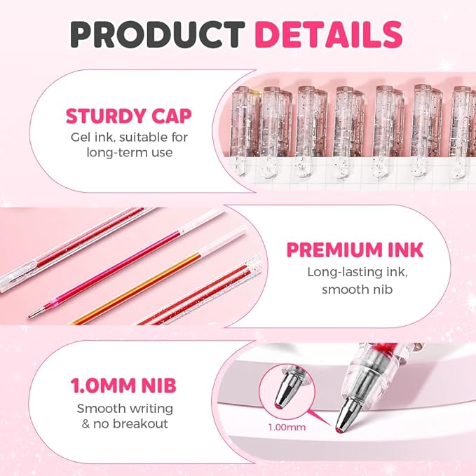 Glitter Gel Pen Set, Multi-Functional Colored Drawing Pens for Scrapbooking, Portable Journaling Crafting Doodling Drawing Glitter Pens for Adults School Supplies (12-Color)
