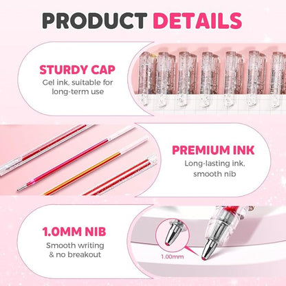 Glitter Gel Pen Set, Multi-Functional Colored Drawing Pens for Scrapbooking, Portable Journaling Crafting Doodling Drawing Glitter Pens for Adults School Supplies (12-Color)