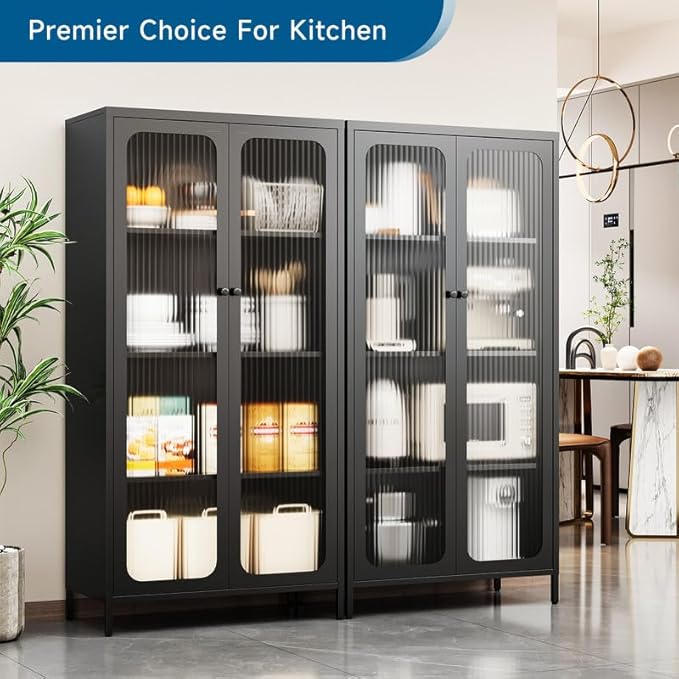 63'' Kitchen Pantry Storage Cabinet, Metal Display Cabinet with Glass Door and 3 Adjustable Shelves, Kitchen Hutch Storage Cabinet for Dining Room, Living Room, Assemble Required (Black)