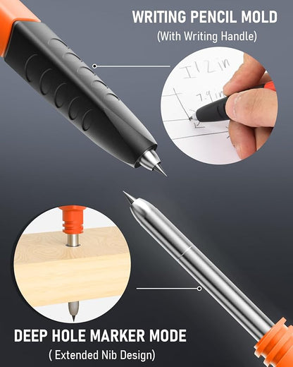 Nicpro Upgraded 3-IN-1 Carpenter Pencils with Sharpener & Finger Grip, Construction Pencil with 13 Leads, Deep Hole Marking Tool, Solid Mechanical Pencil for Carpenters Scriber Architect Woodworking