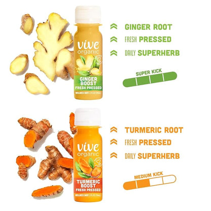 Vive Organic Immune Support Ginger Shot + Turmeric Shot Variety Pack, Cold-Pressed Ginger Root & Turmeric, Gluten Free, Vegan, Immunity Booster, 2 Fl Oz (Pack of 24)