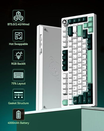 LEOBOG HI75C Pro Gaming Keyboard, RGB Backlit Bluetooth/USB-C/Wireless Mechanical Keyboard, Hot Swappable Creamy Keyboards for PC/MAC/Windows Gamer - Ice Vein Switch, Green