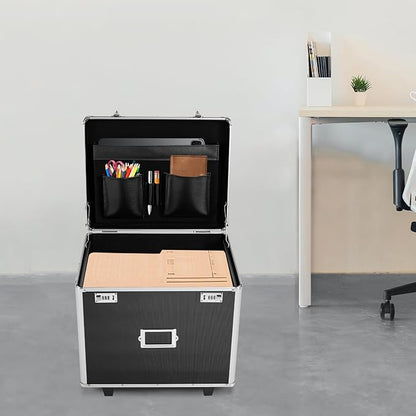 Portable File Box Hand Pull Locking Mobile Business Case with Handle Wheels Modern File Organizer Storage Box with Lock Rolling Wheeled File Cabinet for Office Documents, 19.2 x 15 x 16 Inch Black