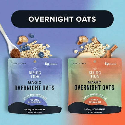 Mushroom Overnight Oats Variety Pack (8 Pack) – Superfood Lions Mane Mushroom, Chia & Flax Seed - Organic Protein Oatmeal - High Fiber, Vegan, Gluten Free, Low Sugar - Easy Prep Plant Protein - Apple Cinnamon & Blueberry