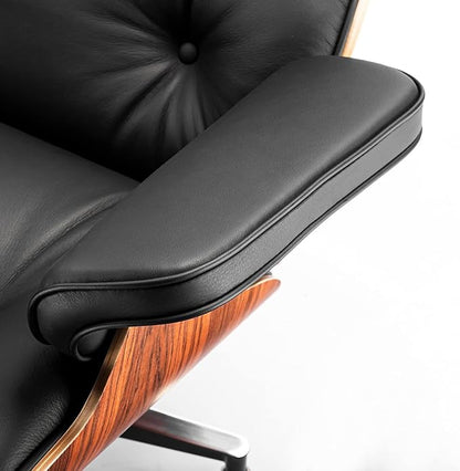 Top Black Grain Leather, Mid Century Chaise Lounge Chair and Ottoman, Modern Chair Classic Design, Palisander Wood, Heavy Duty Base Support for Living Room Office Study