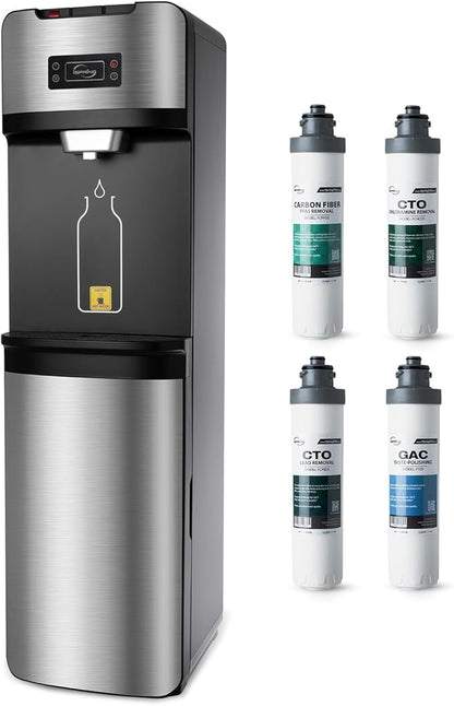 iSpring Bottleless Water Cooler Dispenser with 4-Stage Filtration, SGS-Tested 99% of PFAS, Lead, Chloramine Removal, Hot, Cold, Room Temp, Self Cleaning, Stainless Steel, Silver, Model: DS4S-MAX