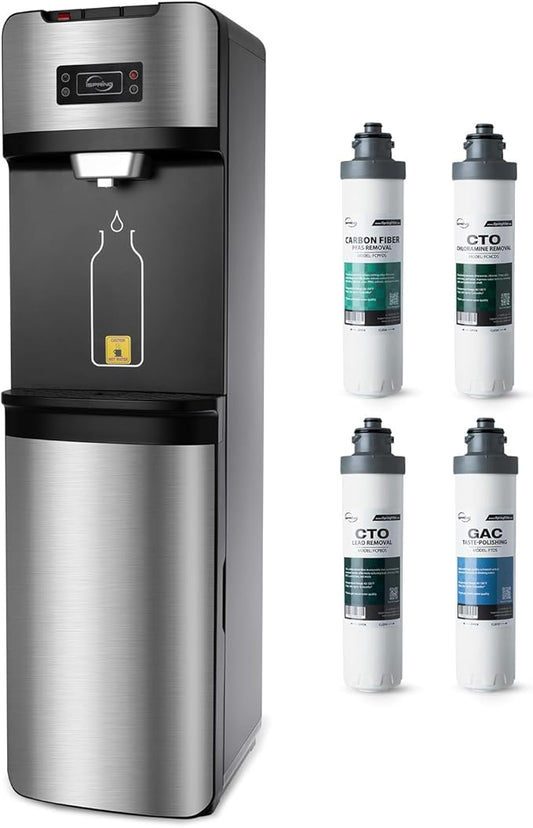 iSpring Bottleless Water Cooler Dispenser with 4-Stage Filtration, SGS-Tested 99% of PFAS, Lead, Chloramine Removal, Hot, Cold, Room Temp, Self Cleaning, Stainless Steel, Silver, Model: DS4S-MAX