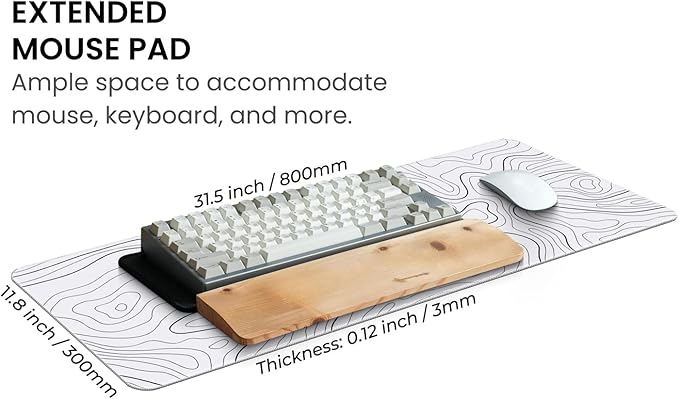 MAY FLOWER Large Gaming Mouse Pad, Full Keyboard Mat, Long Laptop Mousepad, Computer Mouse Mat for Home and Office, Anti-Slip Rubber Base, 31.5 x 11.8 Inches (Grey White Topographic Map)