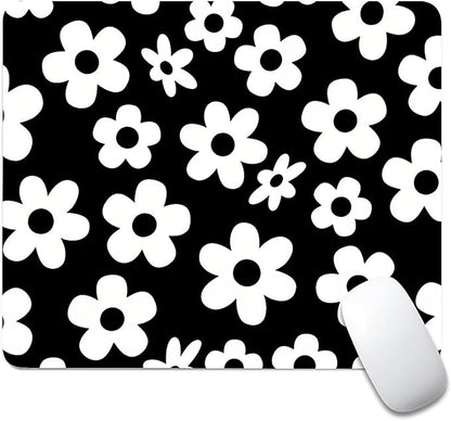 Square Mouse Pad Black White Flowers, Personalized Premium-Textured Custom Mouse Mat Design, Washable Mousepad Cloth, Non-Slip Rubber Base Computer Mouse Pads for Wireless Mouse